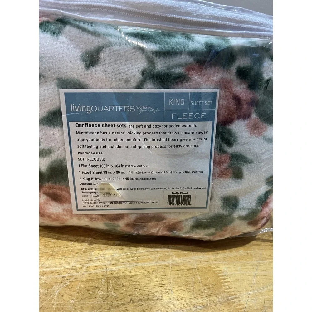 Vtg Living Quarters Rose Floral Fleece King‎ Sheet Set Microfiber Cottagecore
